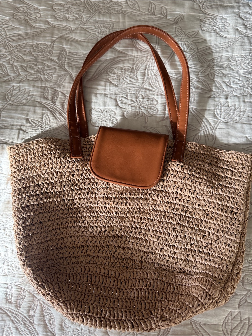 J. Crew Woven Straw Tote Bag with Brown Leather Trim
